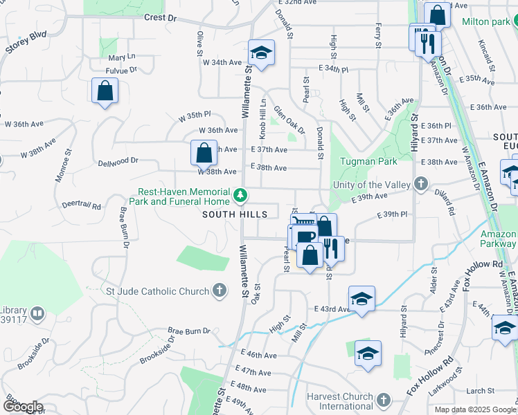 map of restaurants, bars, coffee shops, grocery stores, and more near 80 East 39th Place in Eugene