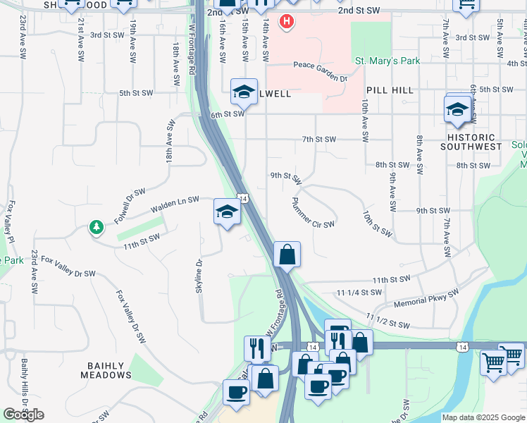 map of restaurants, bars, coffee shops, grocery stores, and more near 963 14th Avenue Southwest in Rochester