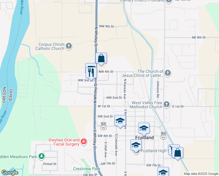 map of restaurants, bars, coffee shops, grocery stores, and more near 708 Northwest 3rd Street in Fruitland