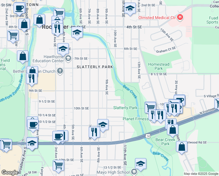map of restaurants, bars, coffee shops, grocery stores, and more near 868 9th Avenue Southeast in Rochester
