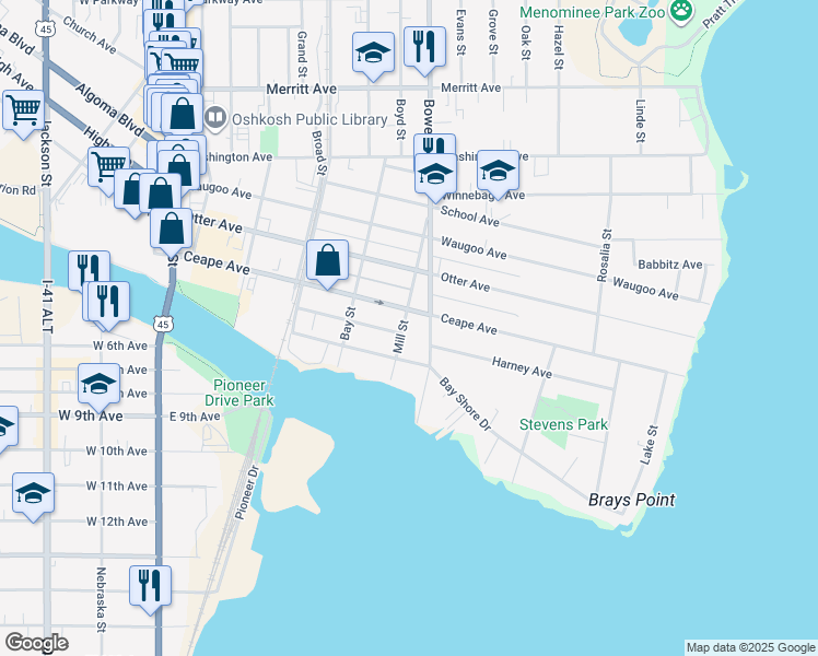 map of restaurants, bars, coffee shops, grocery stores, and more near 54 Mill Street in Oshkosh
