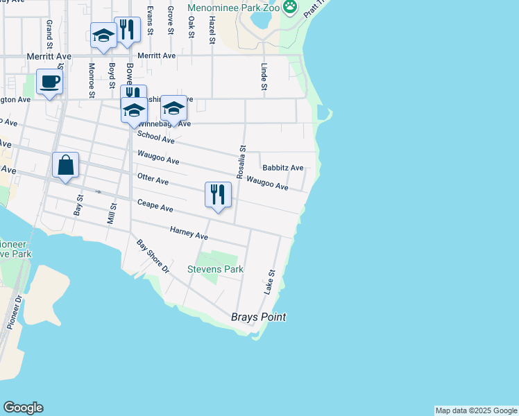 map of restaurants, bars, coffee shops, grocery stores, and more near 1337 Otter Avenue in Oshkosh