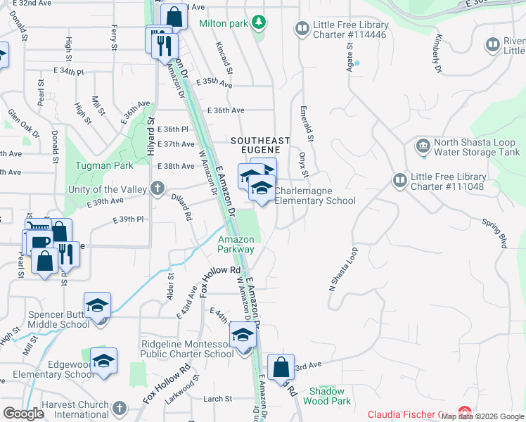 map of restaurants, bars, coffee shops, grocery stores, and more near 3875 Kincaid Street in Eugene