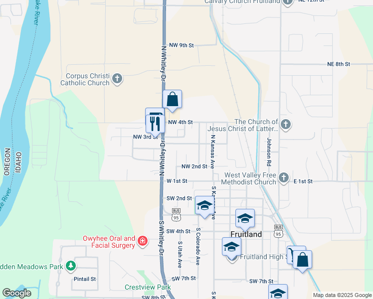 map of restaurants, bars, coffee shops, grocery stores, and more near 708 Northwest 3rd Street in Fruitland