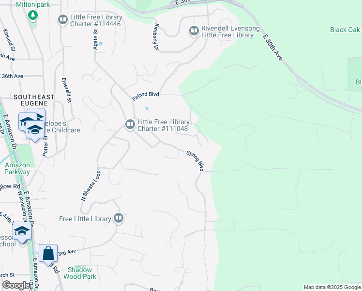 map of restaurants, bars, coffee shops, grocery stores, and more near 3850 Woodson Court in Eugene