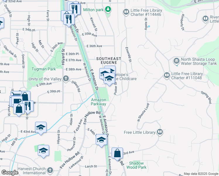 map of restaurants, bars, coffee shops, grocery stores, and more near 3875 Kincaid Street in Eugene