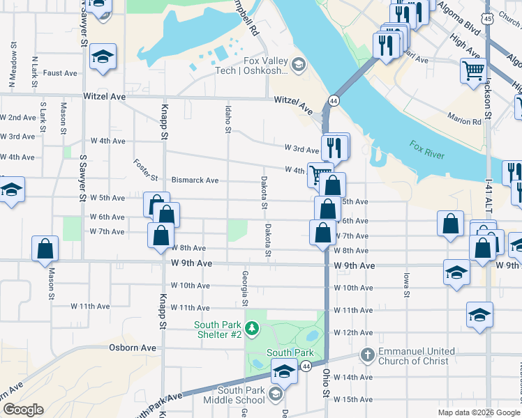 map of restaurants, bars, coffee shops, grocery stores, and more near 717 West 5th Avenue in Oshkosh