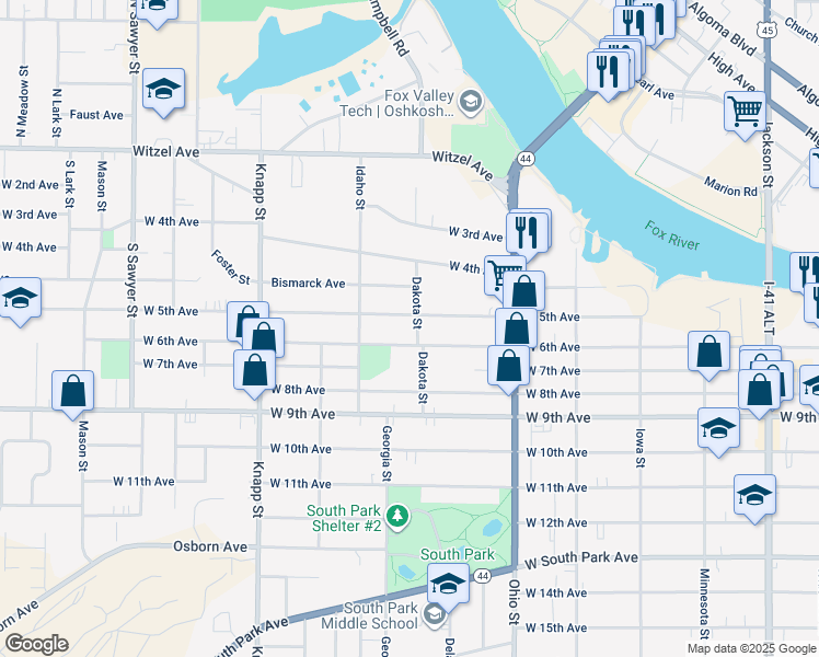 map of restaurants, bars, coffee shops, grocery stores, and more near 717 West 5th Avenue in Oshkosh