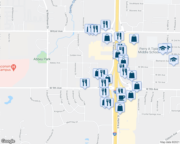 map of restaurants, bars, coffee shops, grocery stores, and more near 2132 West 9th Avenue in Oshkosh