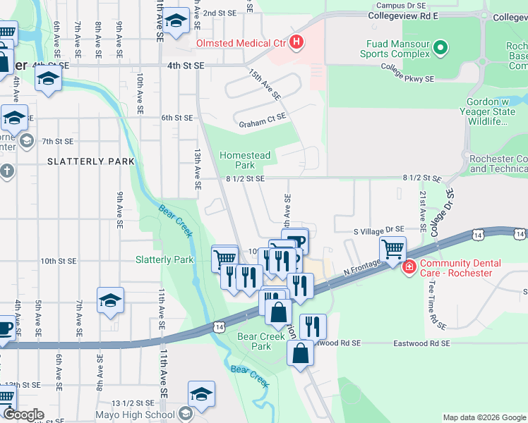 map of restaurants, bars, coffee shops, grocery stores, and more near 885 16th Avenue Southeast in Rochester