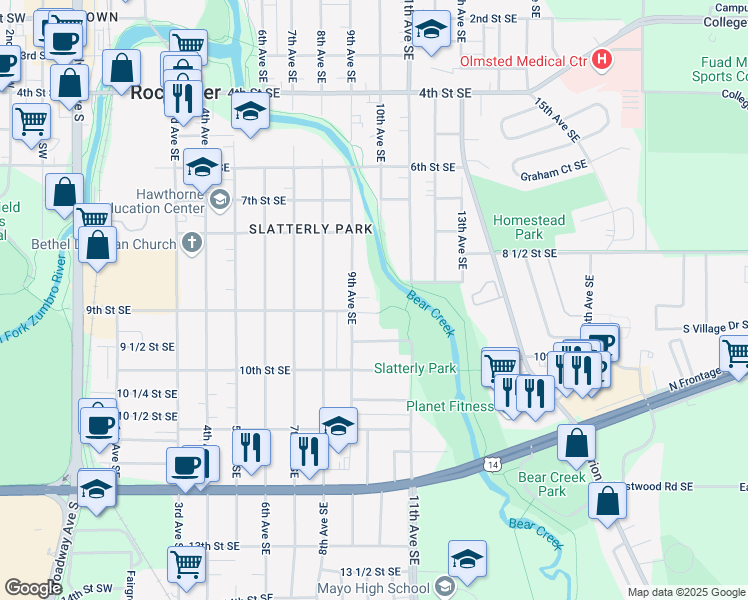 map of restaurants, bars, coffee shops, grocery stores, and more near 868 9th Avenue Southeast in Rochester
