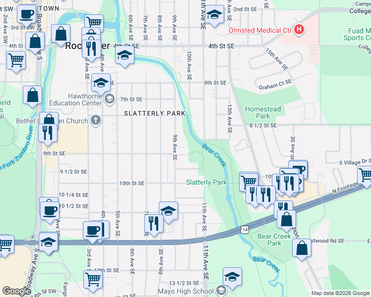 map of restaurants, bars, coffee shops, grocery stores, and more near 868 9th Avenue Southeast in Rochester