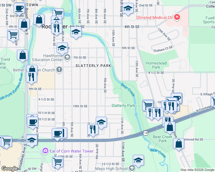 map of restaurants, bars, coffee shops, grocery stores, and more near 868 9th Avenue Southeast in Rochester