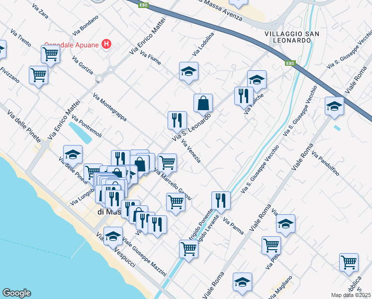 map of restaurants, bars, coffee shops, grocery stores, and more near 24 Via Venezia in Marina di Massa