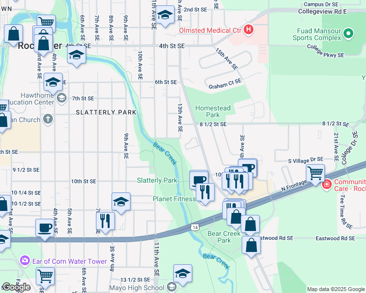 map of restaurants, bars, coffee shops, grocery stores, and more near 869 15th Avenue Southeast in Rochester
