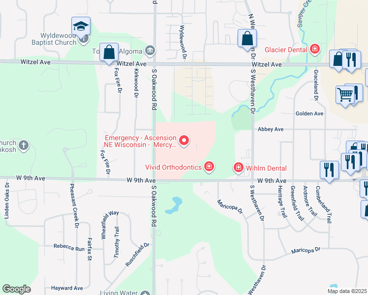map of restaurants, bars, coffee shops, grocery stores, and more near 500 South Oakwood Road in Oshkosh