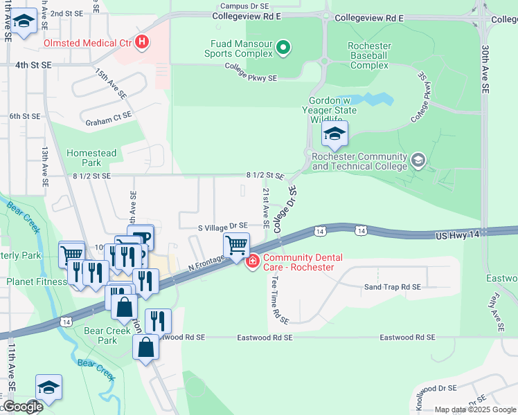 map of restaurants, bars, coffee shops, grocery stores, and more near 915 21st Avenue Southeast in Rochester