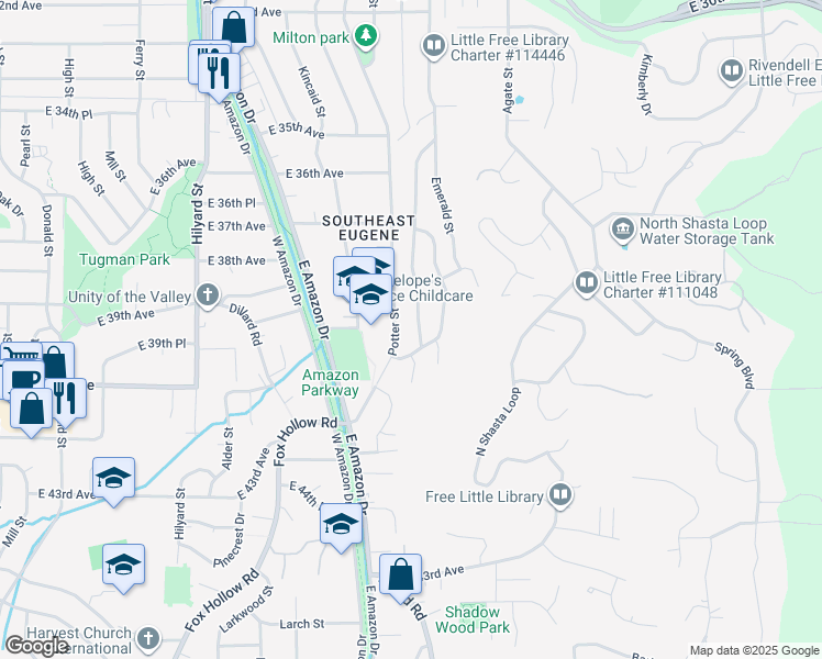 map of restaurants, bars, coffee shops, grocery stores, and more near 3860 University Street in Eugene