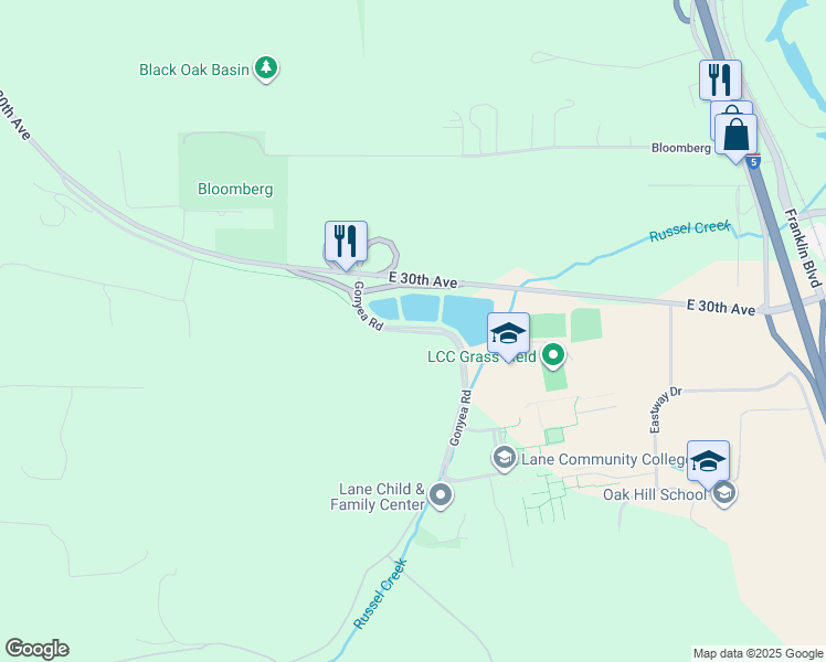 map of restaurants, bars, coffee shops, grocery stores, and more near Gonyea Road in Eugene