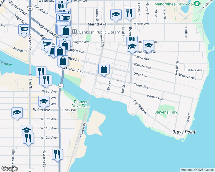 map of restaurants, bars, coffee shops, grocery stores, and more near 45 Bay Street in Oshkosh