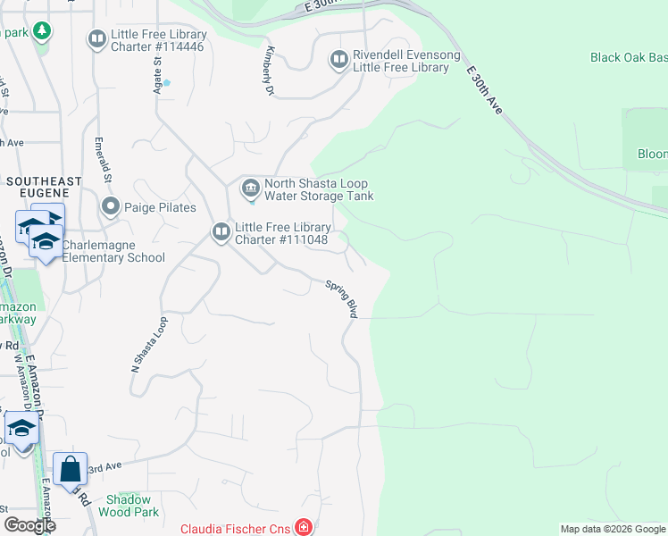map of restaurants, bars, coffee shops, grocery stores, and more near 3850 Woodson Court in Eugene