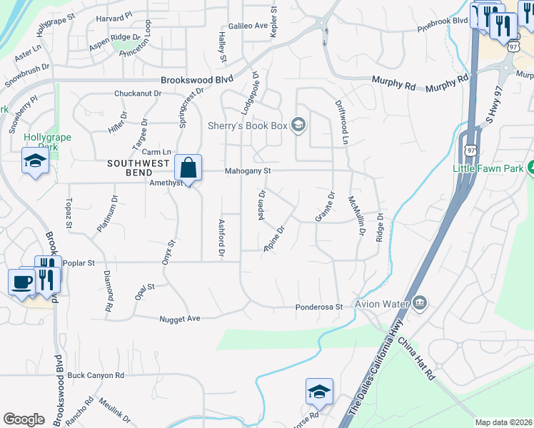 map of restaurants, bars, coffee shops, grocery stores, and more near 60932 Aspen Drive in Bend