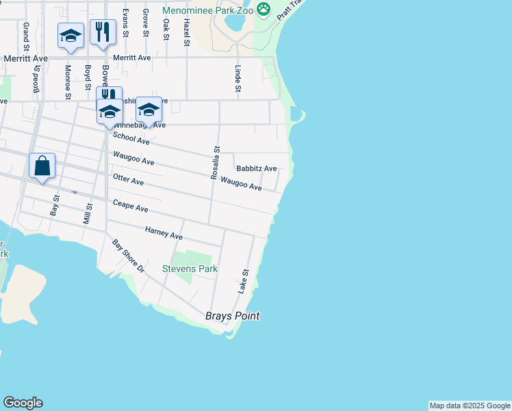 map of restaurants, bars, coffee shops, grocery stores, and more near 1346 Otter Avenue in Oshkosh