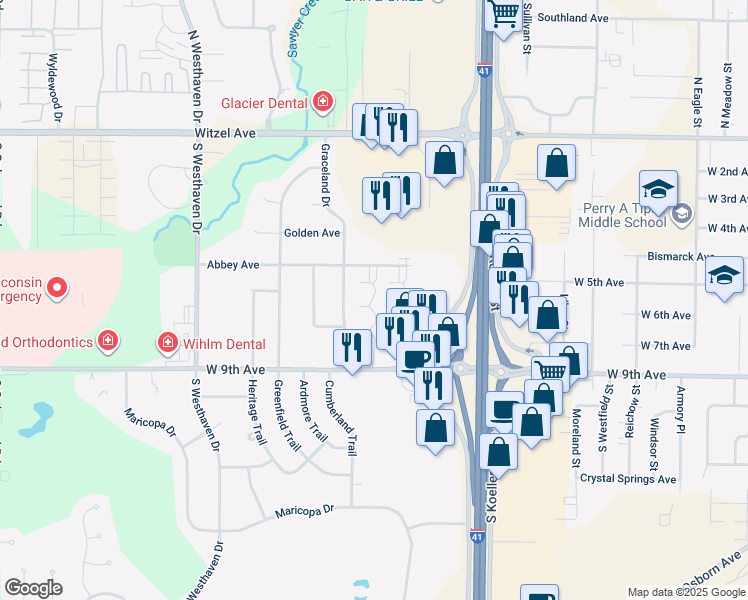 map of restaurants, bars, coffee shops, grocery stores, and more near 2132 West 9th Avenue in Oshkosh