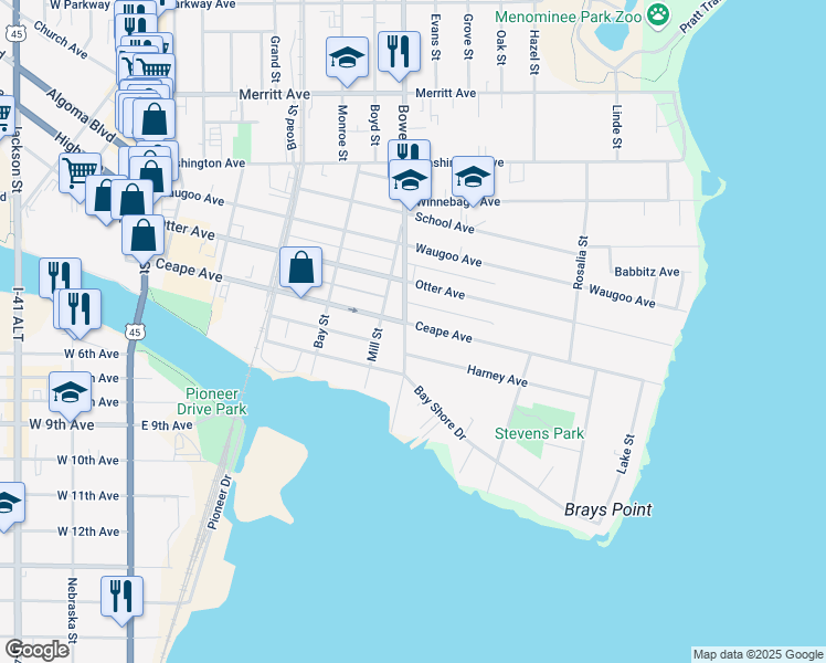 map of restaurants, bars, coffee shops, grocery stores, and more near 809 Ceape Avenue in Oshkosh