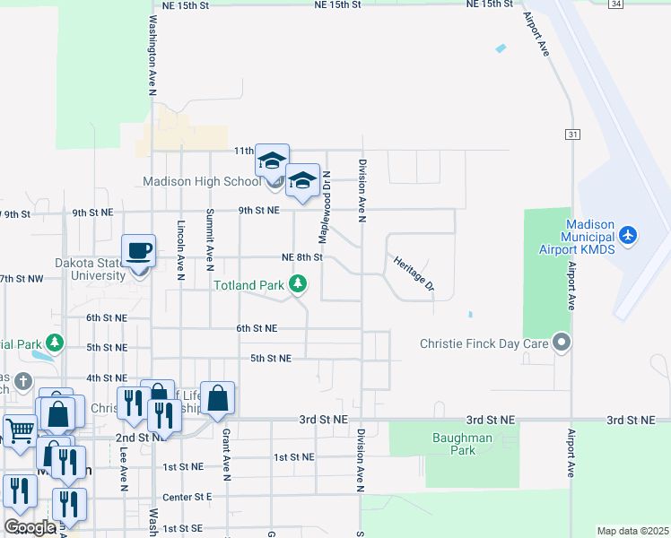 map of restaurants, bars, coffee shops, grocery stores, and more near 915 Northeast 8th Street in Madison