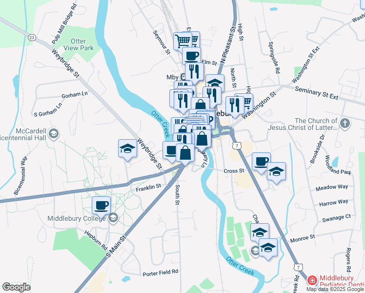 map of restaurants, bars, coffee shops, grocery stores, and more near 5 Park Street in Middlebury