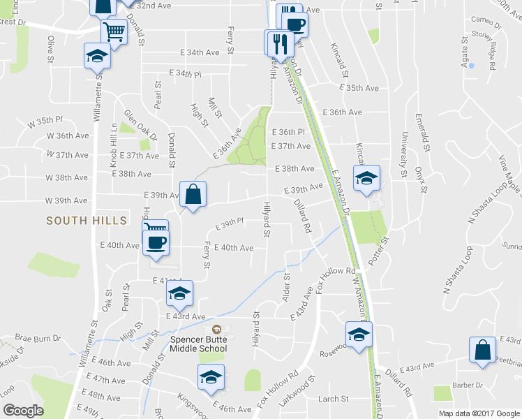 map of restaurants, bars, coffee shops, grocery stores, and more near 3930 Hilyard Street in Eugene