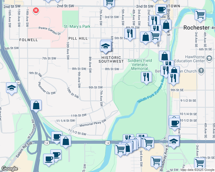 map of restaurants, bars, coffee shops, grocery stores, and more near 615 9th Street Southwest in Rochester