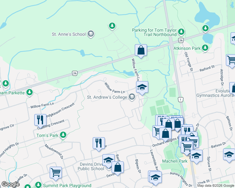 map of restaurants, bars, coffee shops, grocery stores, and more near 71 Willow Farm Lane in Aurora