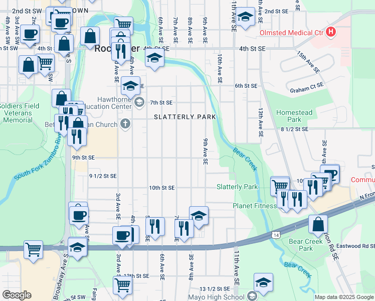 map of restaurants, bars, coffee shops, grocery stores, and more near 859 8th Avenue Southeast in Rochester