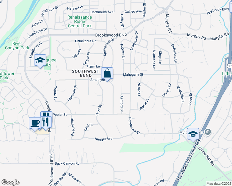 map of restaurants, bars, coffee shops, grocery stores, and more near 60940 Amethyst Street in Bend