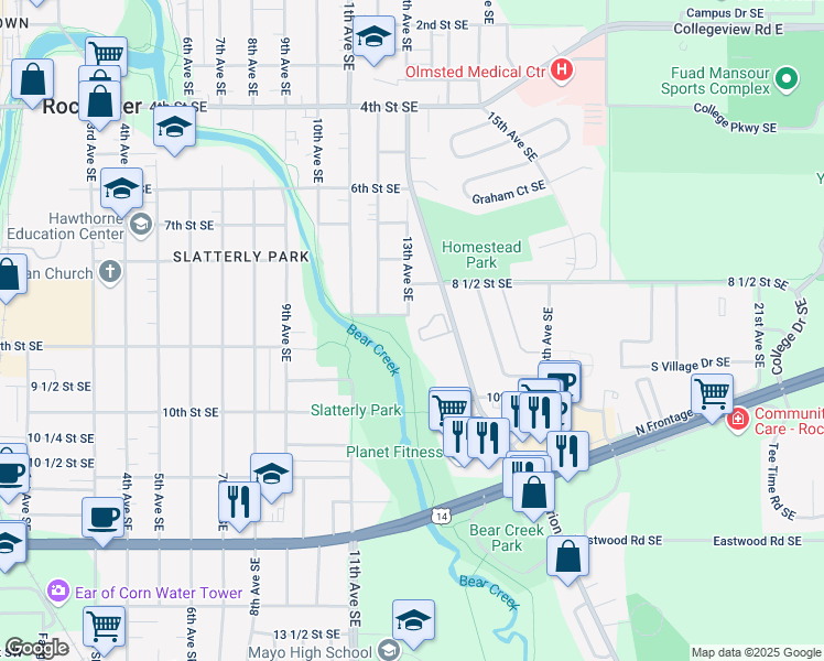 map of restaurants, bars, coffee shops, grocery stores, and more near 869 15th Avenue Southeast in Rochester