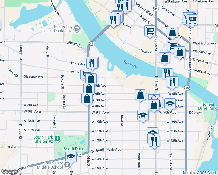 map of restaurants, bars, coffee shops, grocery stores, and more near 447 West 5th Avenue in Oshkosh