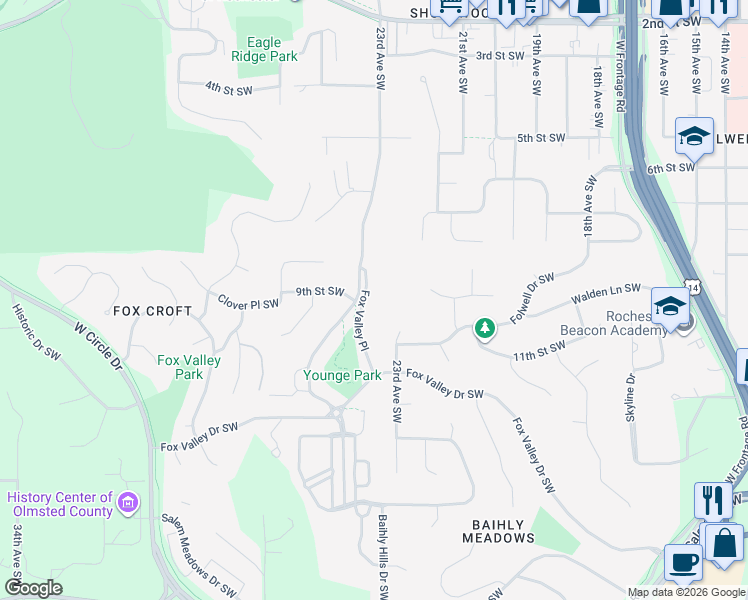 map of restaurants, bars, coffee shops, grocery stores, and more near 884 Fox Valley Place in Rochester