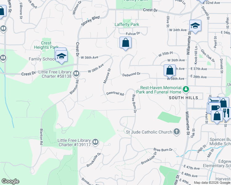 map of restaurants, bars, coffee shops, grocery stores, and more near Deertrail Road in Eugene