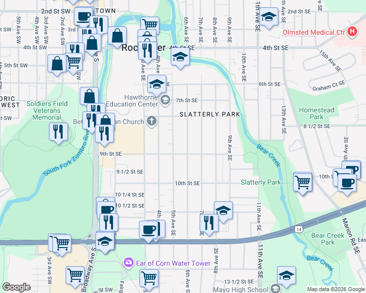 map of restaurants, bars, coffee shops, grocery stores, and more near 861 6th Avenue Southeast in Rochester