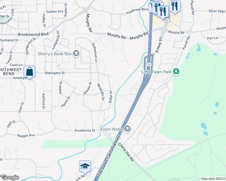 map of restaurants, bars, coffee shops, grocery stores, and more near 60940 Ridge Drive in Bend