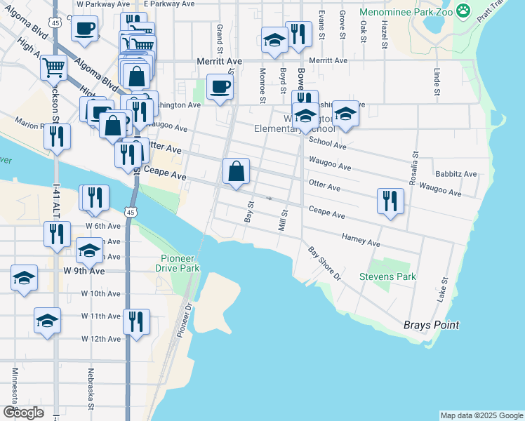 map of restaurants, bars, coffee shops, grocery stores, and more near 616 Poplar Avenue in Oshkosh