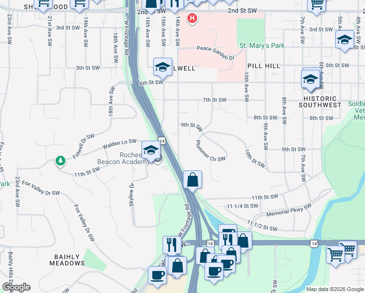 map of restaurants, bars, coffee shops, grocery stores, and more near 963 14th Avenue Southwest in Rochester