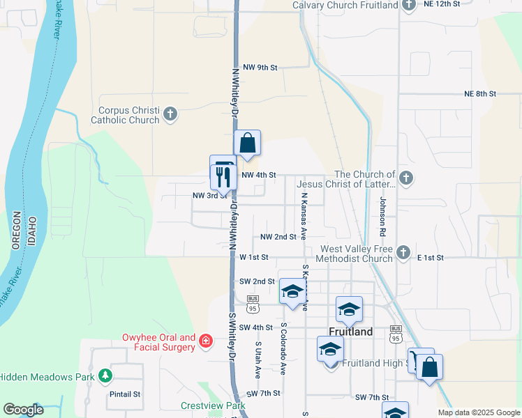 map of restaurants, bars, coffee shops, grocery stores, and more near 708 Northwest 3rd Street in Fruitland