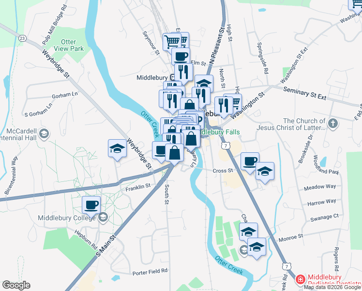 map of restaurants, bars, coffee shops, grocery stores, and more near 3 Bakery Lane in Middlebury