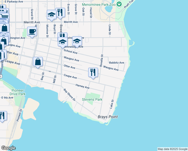 map of restaurants, bars, coffee shops, grocery stores, and more near 1129 Otter Avenue in Oshkosh