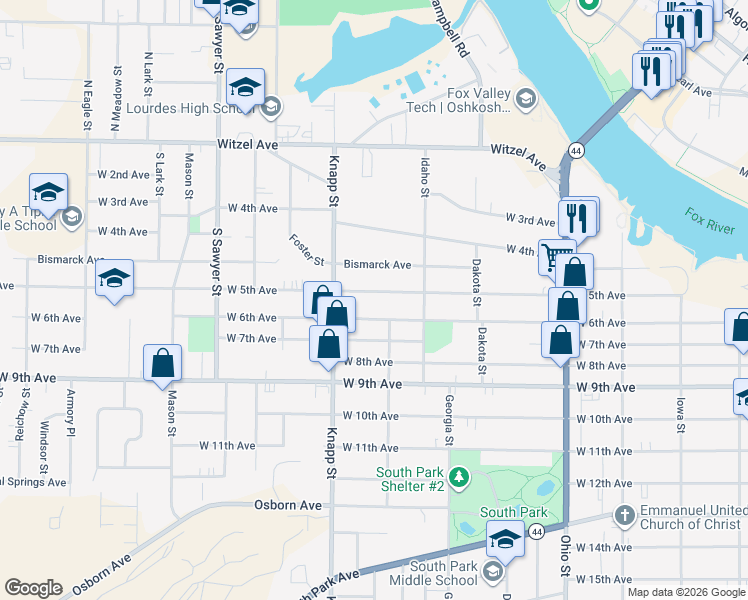 map of restaurants, bars, coffee shops, grocery stores, and more near 833 West 5th Avenue in Oshkosh