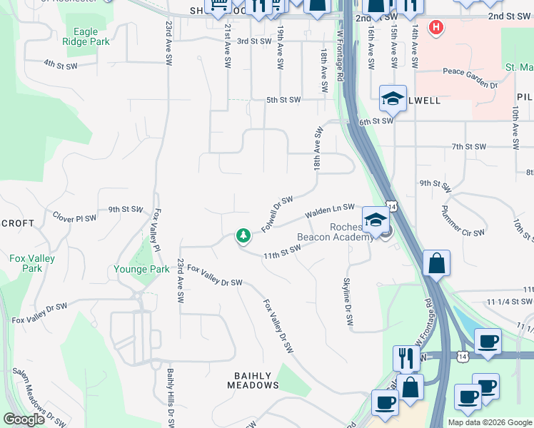 map of restaurants, bars, coffee shops, grocery stores, and more near 1805 Folwell Drive Southwest in Rochester
