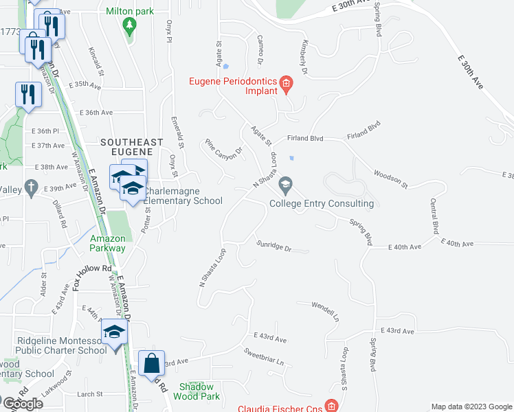 map of restaurants, bars, coffee shops, grocery stores, and more near 3926 Shasta View Street in Eugene